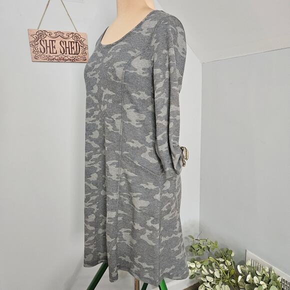 New Tribal Jeans Gray Green Camo Scoop Neck Tunic Dress 3/4 Bow Sleeves Pocket - Picture 4 of 16
